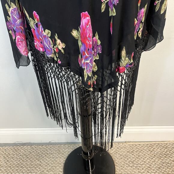 Temptations II Blouse Tunic Plus size 3XL Black Pink Purple Floral Fringe Church - Picture 4 of 8